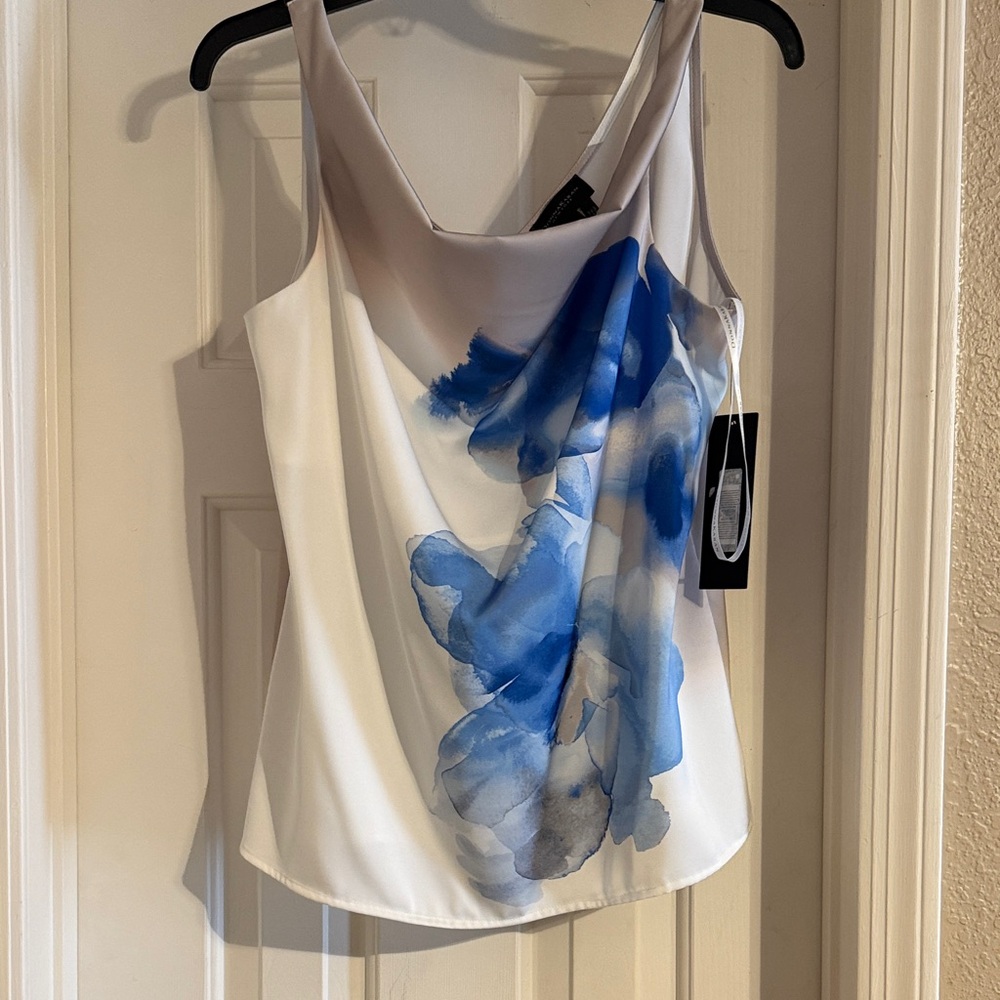 NWT Donna Karan White Cowl Neck Camisole with Blue Watercolor Floral